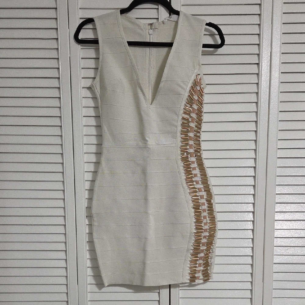 Missguided Cream Mini Dress with Tan Beaded Side Detail